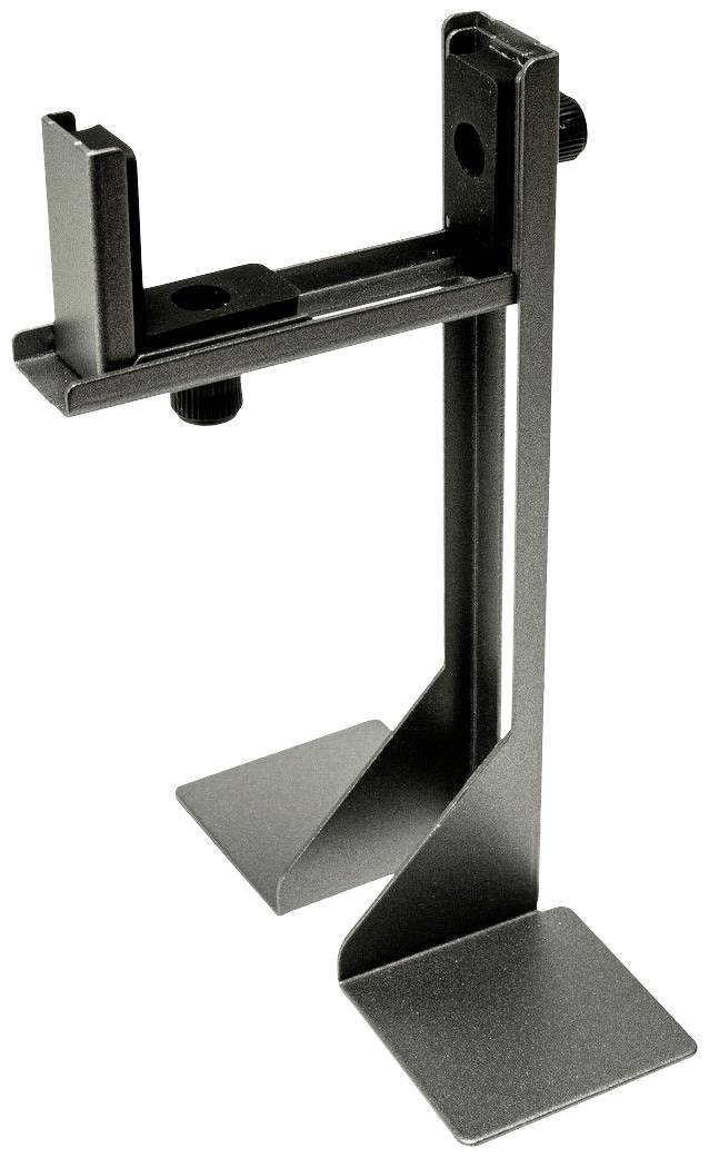 A black metal stand with vertical and horizontal mounting brackets. Suitable for attaching devices or accessories.