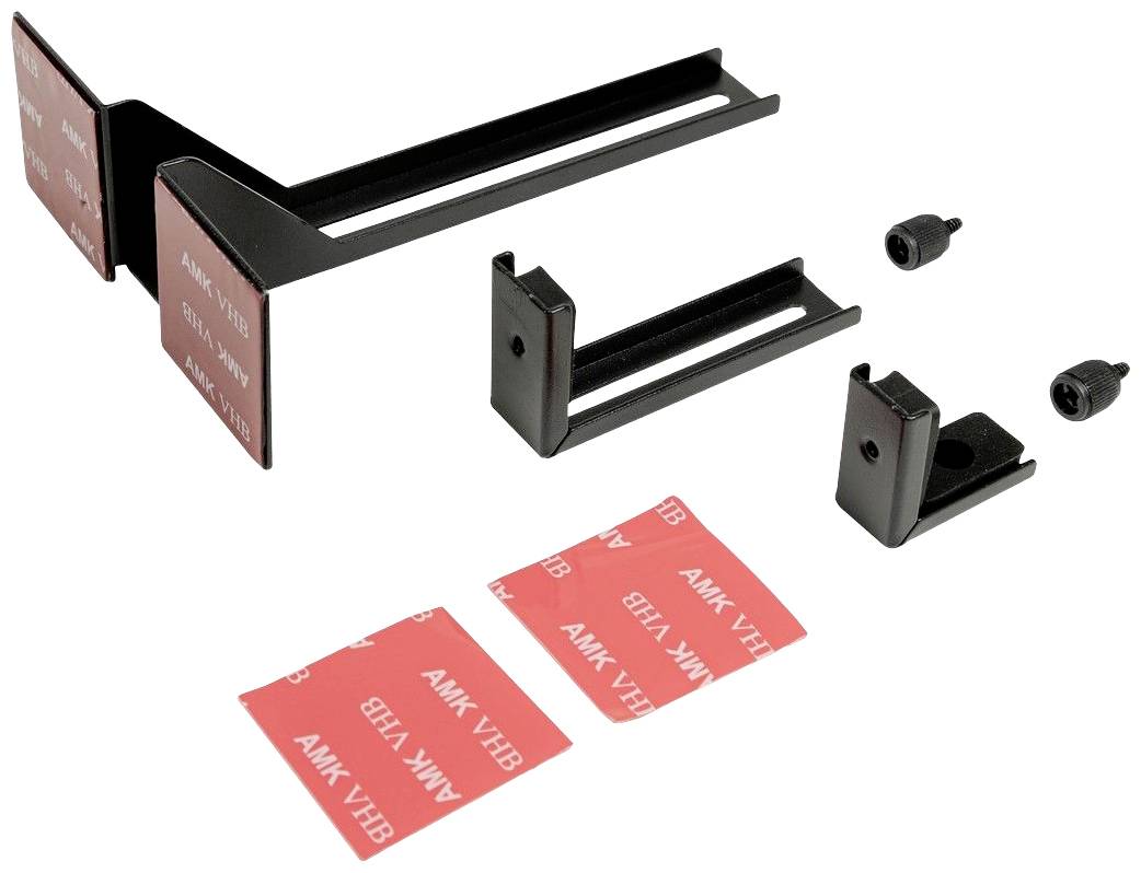 Mounting set with brackets and screws, suitable for device mounting. Includes two adhesive pads for additional support.