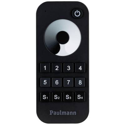 Black remote control with numbers 1 to 9 and buttons S1 to S4. At the top, an on/off switch and a circular pattern, brand Paulmann.