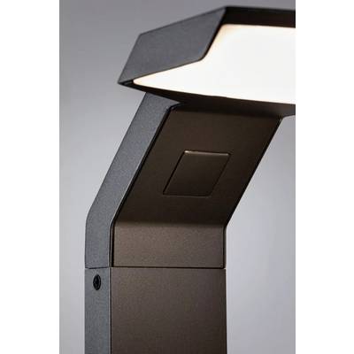 Modern black outdoor light with a rectangular head that shines downwards. Simple design for exterior areas.