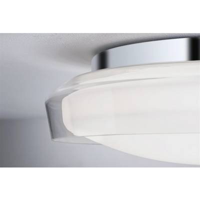 Close-up of a modern, round ceiling light with a chrome frame and frosted white glass, mounted on a grey ceiling.