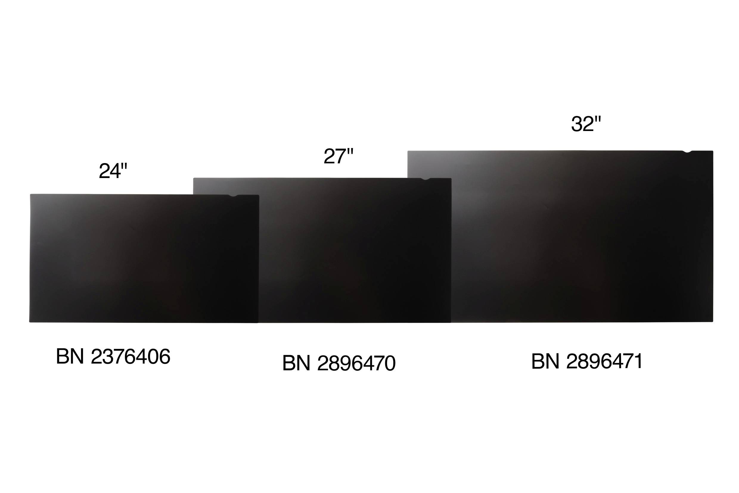 Three black monitors in different sizes: 24 inches (BN 2376406), 27 inches (BN 2896470), 32 inches (BN 2896471).