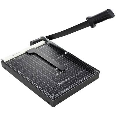Paper cutter with lever arm on black base, square measuring scale. Primarily used for cutting paper sheets.