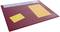 A red desk pad with a 2025/2026 calendar positioned in the top left corner. Two yellow sticky notes of different sizes are placed on it.