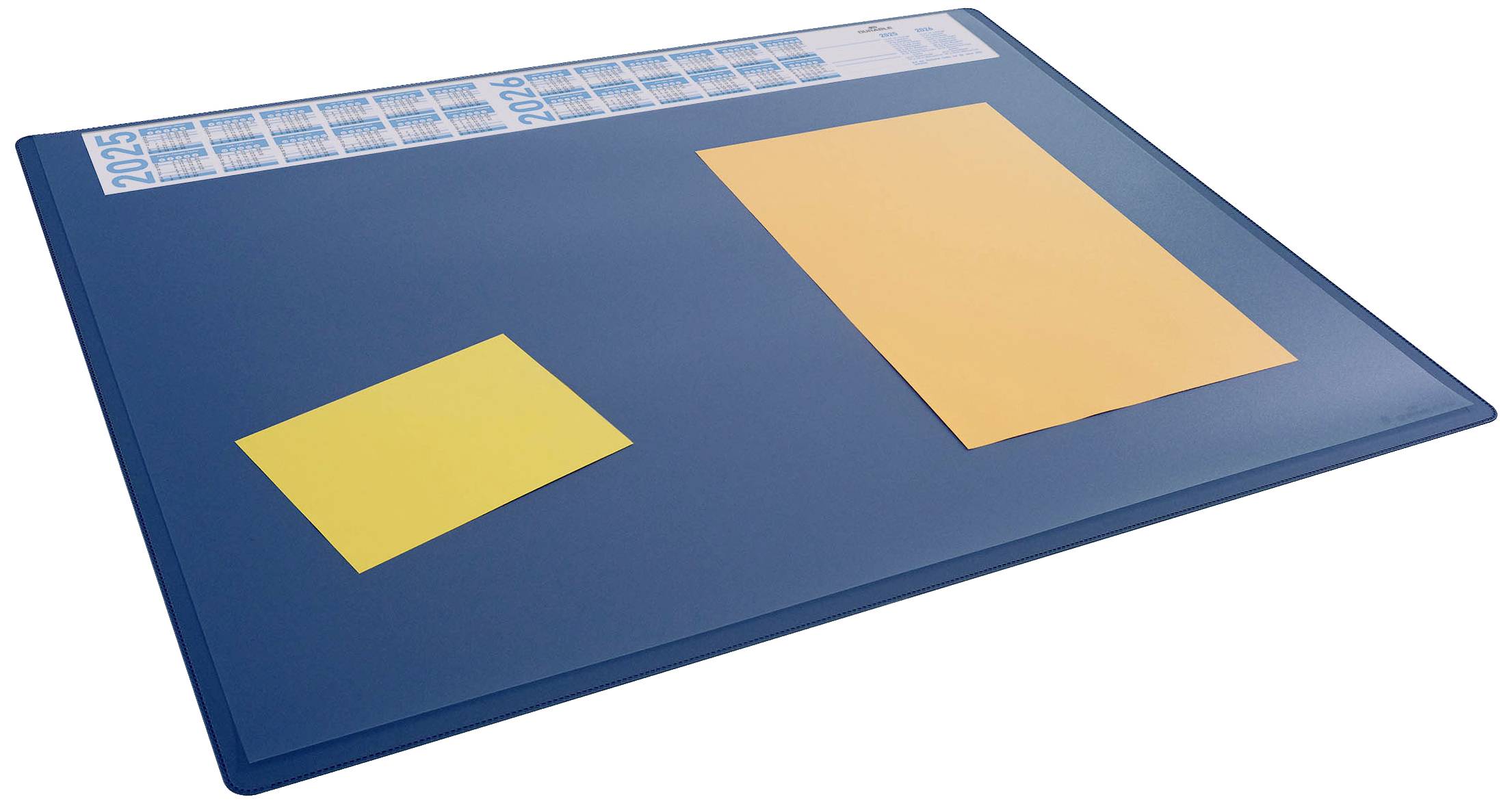 Dark blue desk pad with small calendars for 2025 and 2026 and two yellow sticky notes of different sizes.