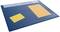 Dark blue desk pad with small calendars for 2025 and 2026 and two yellow sticky notes of different sizes.
