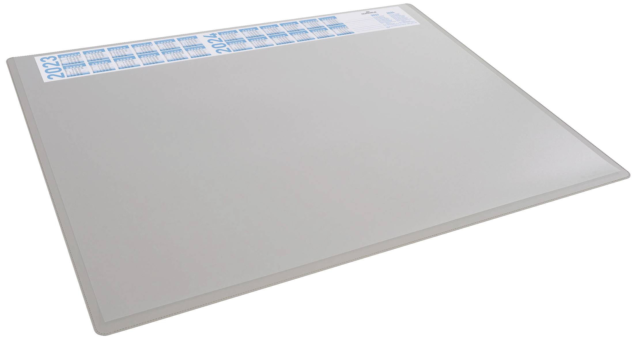 Desk pad with a calendar for 2023 and 2024 in blue text at the top edge. It is a smooth, flat rectangle.