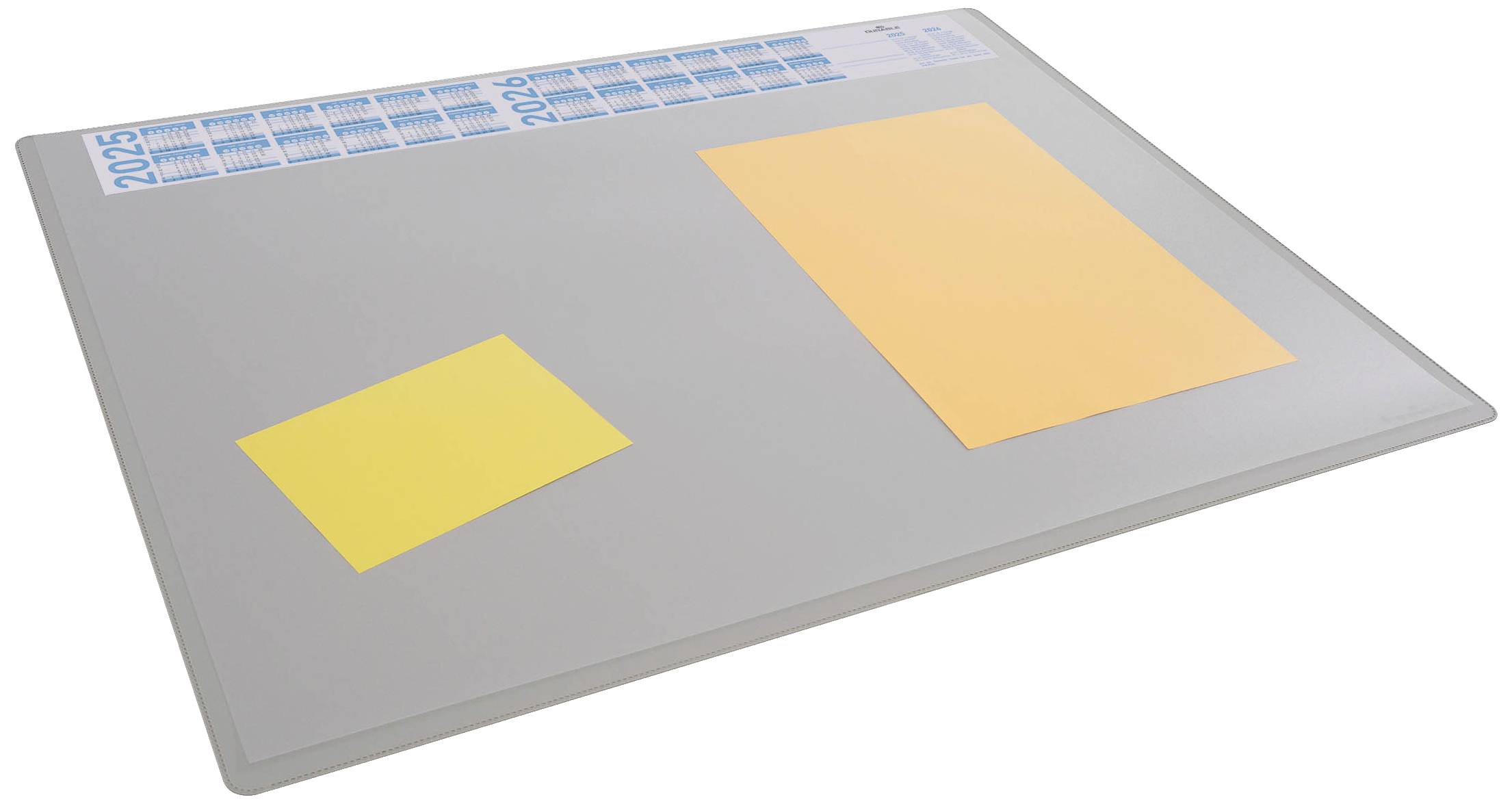 A white sheet with two sheets lying on top of it, a yellow sticky note, and a larger orange sheet of paper. Partially visible in the top left is a 2023 calendar.