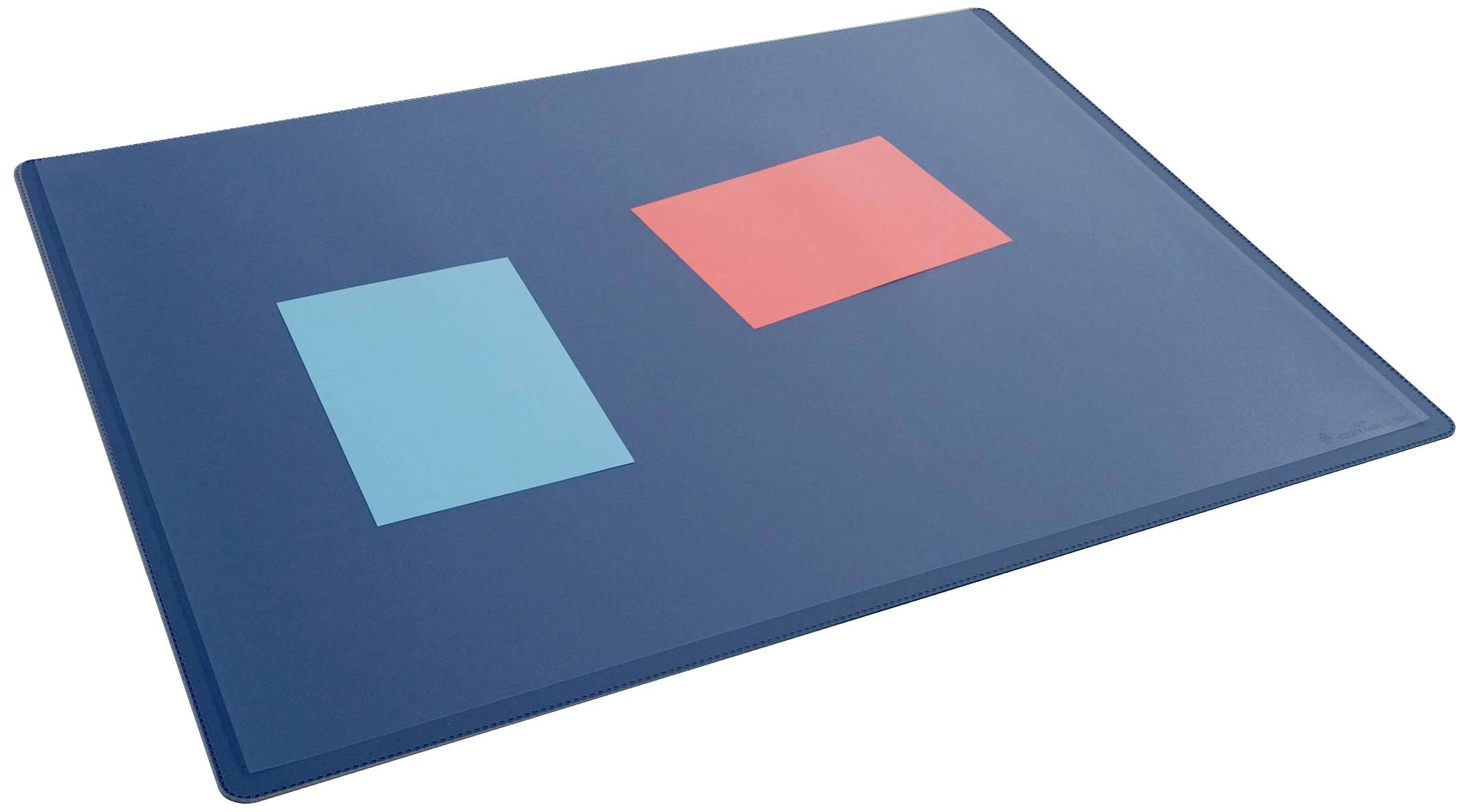 A blue mat with two rectangular fields in the centre: one in light blue and one in red.
