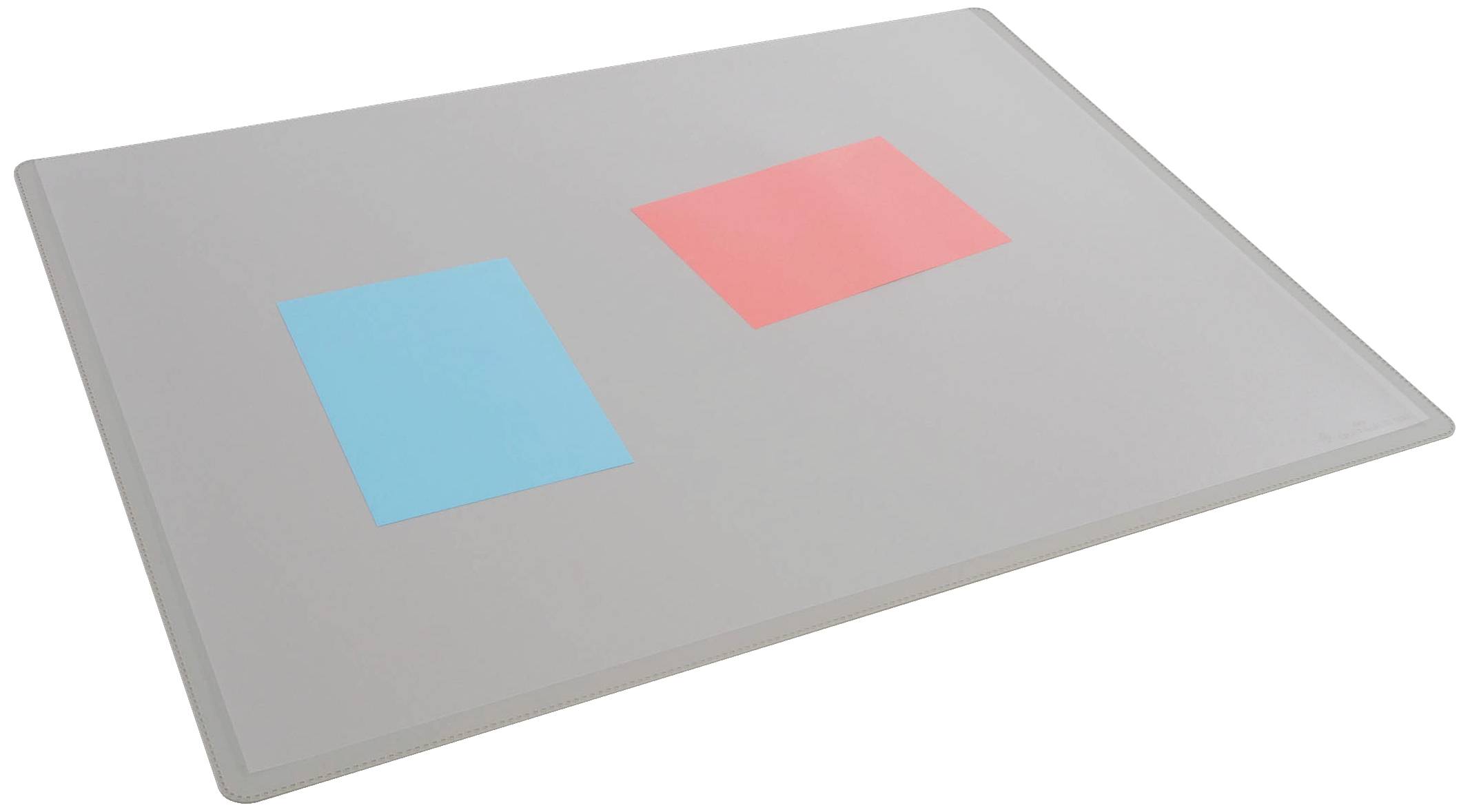 Rectangular grey surface with two coloured squares: a blue one on the left and a pink one on the right.