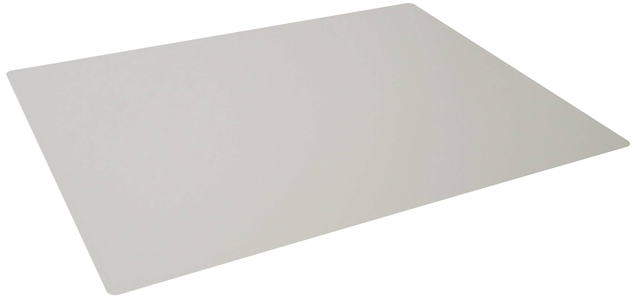 Transparent, rectangular protective mat placed on a surface to prevent furniture from scratching.