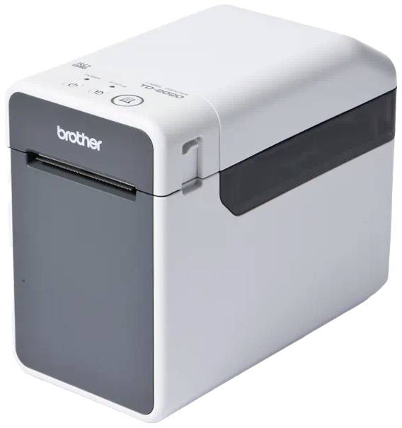 Electronic label printer by Brother, white and grey, compact, with printing opening at the front.
