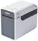 Electronic label printer by Brother, white and grey, compact, with printing opening at the front.