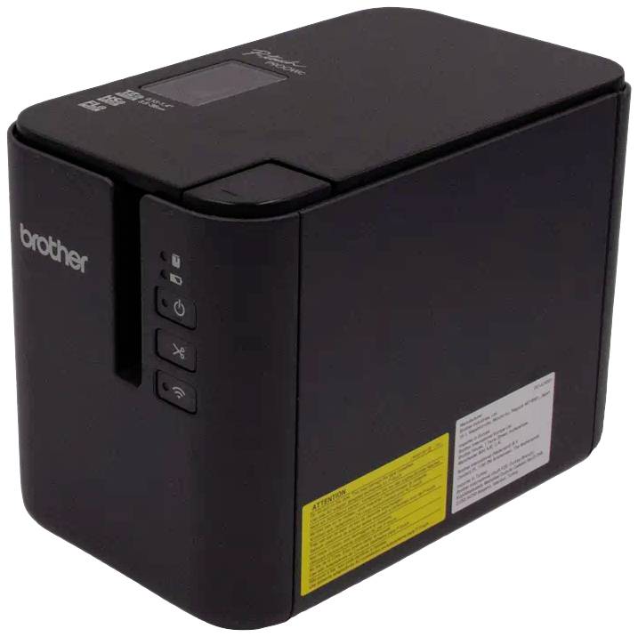 A black, compact printer with visible control buttons on the side. The top and front surfaces display the brand name and information label.