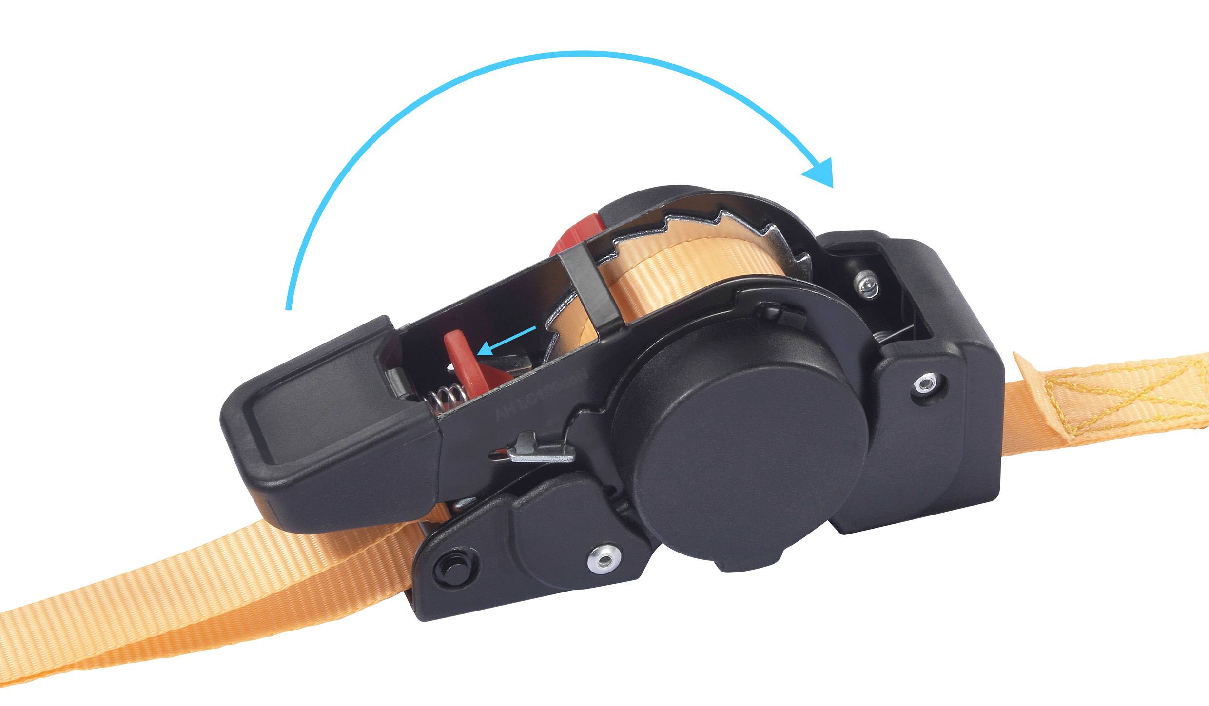 A ratchet mechanism with an orange webbing strap wound around the spool is depicted with an arrow indicating the direction of rotation.