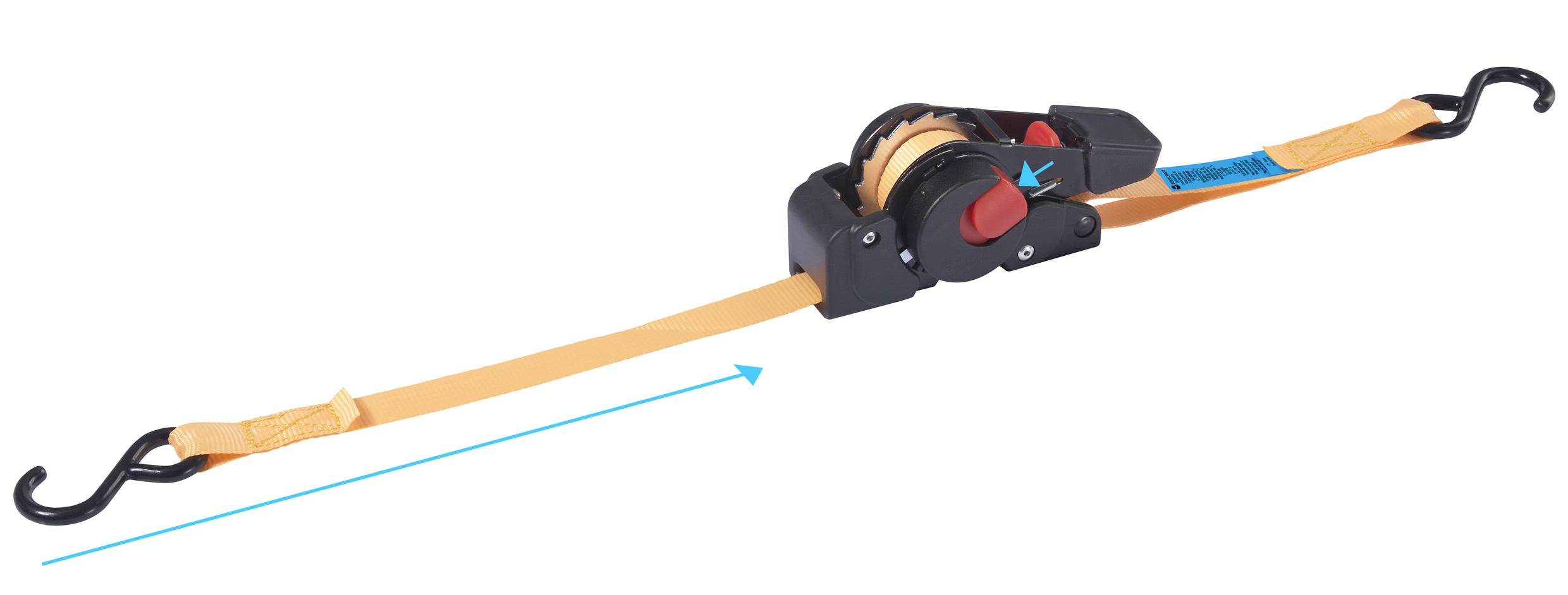 A ratchet strap with an orange band and hooks at both ends. A blue arrow points to the extension of the band.