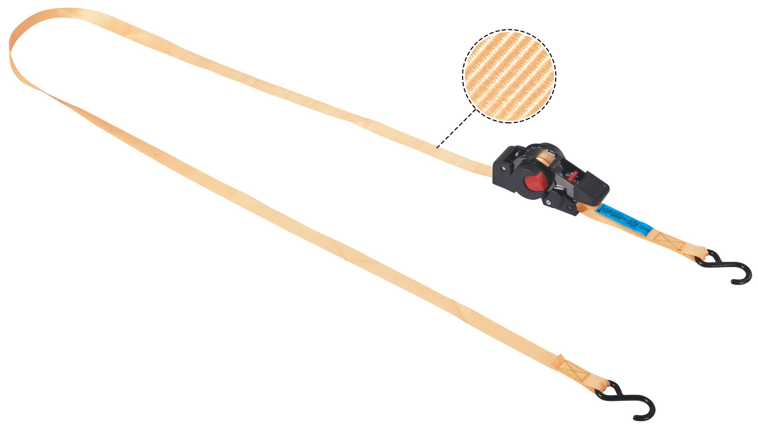 An orange lashing strap with a ratchet and hooks at both ends. Enlarged view shows the fabric weave of the strap.