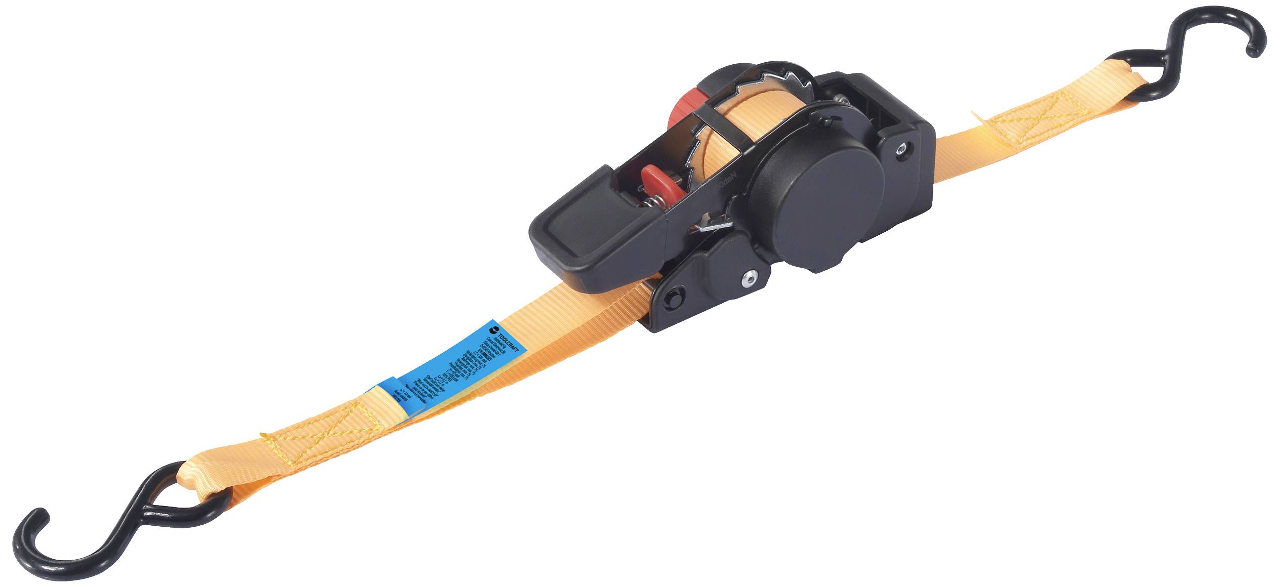 TOOLCRAFT TO-8689776 Auto-retractable ratchet strap Low lashing capacity (single/direct)=100 daN (L x W) 2 m x 18 mm Cam buckle EN 12195-2