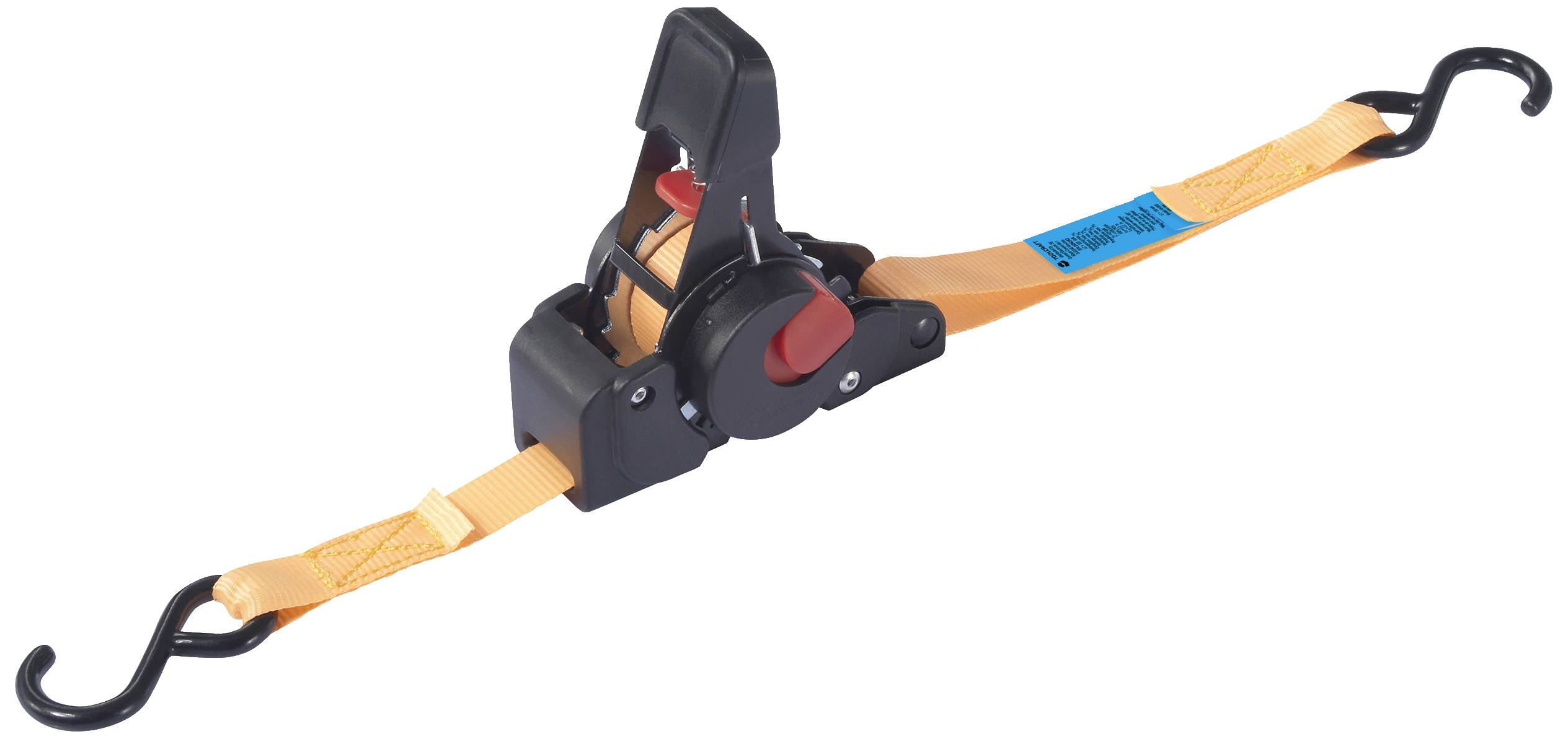 An orange ratchet strap with two black hooks at the ends for securing items.