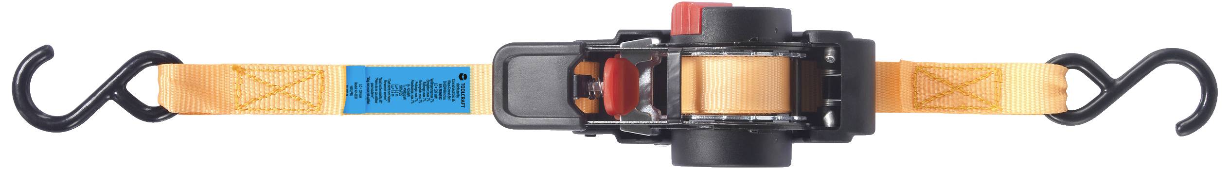 An orange tension strap with black hooks at both ends. The strap has a locking mechanism and a blue label.