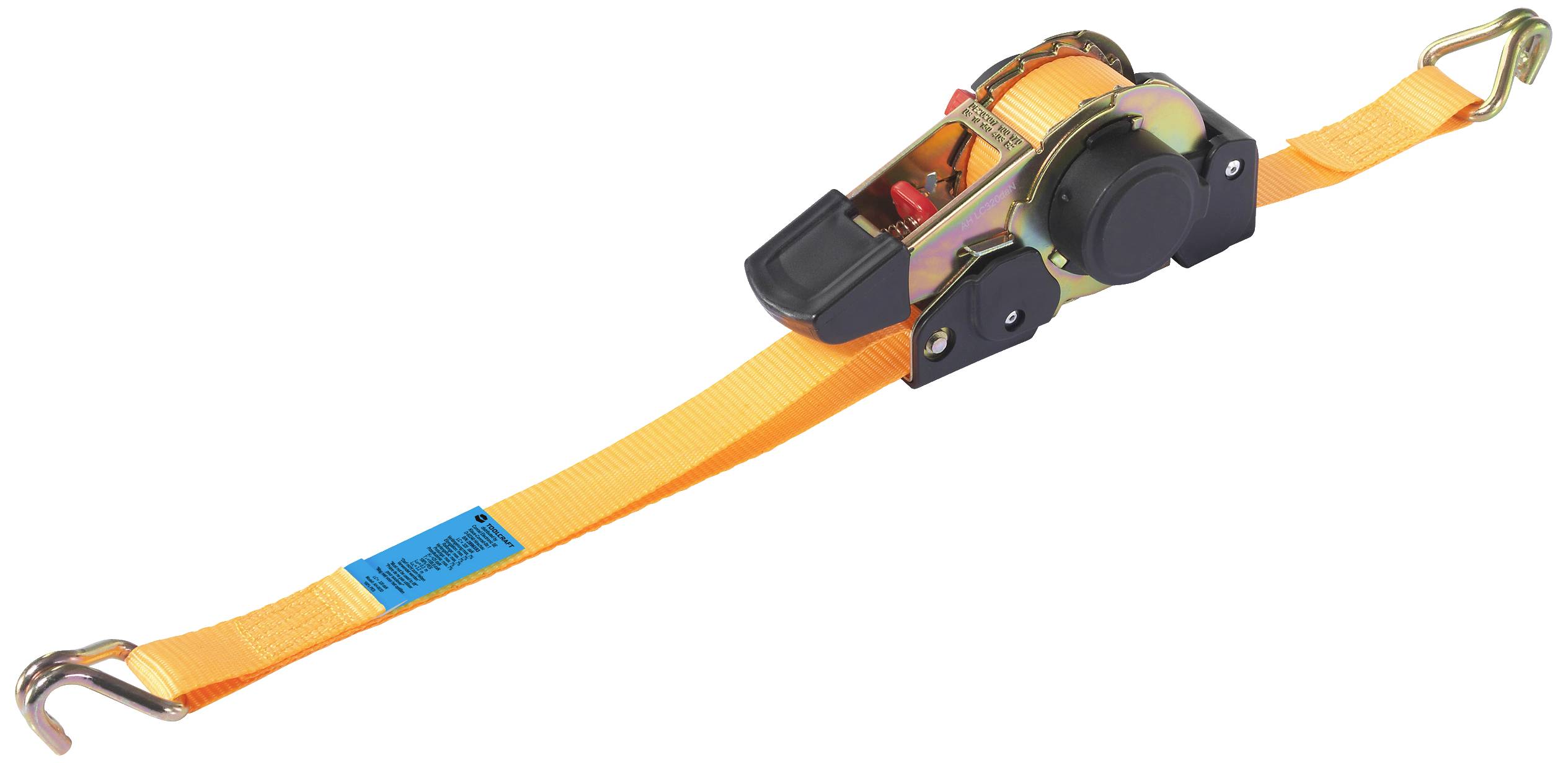 TOOLCRAFT TO-8689779 Auto-retractable ratchet strap Low lashing capacity (single/direct)=320 daN (L x W) 3.5 m x 25 mm Cam buckle EN 12195-2