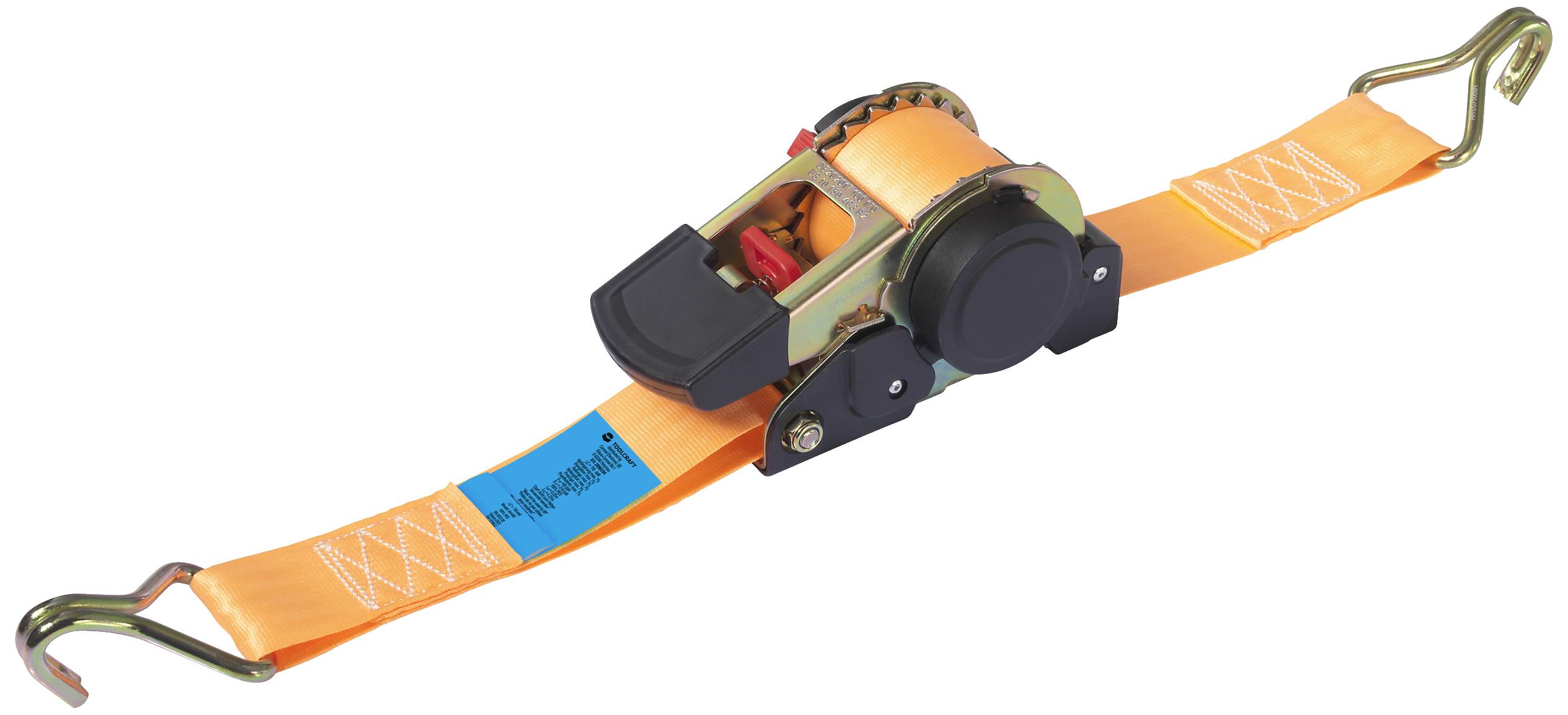 TOOLCRAFT TO-8689782 Auto-retractable ratchet strap Low lashing capacity (single/direct)=750 daN (L x W) 4.5 m x 50 mm Cam buckle EN 12195-2