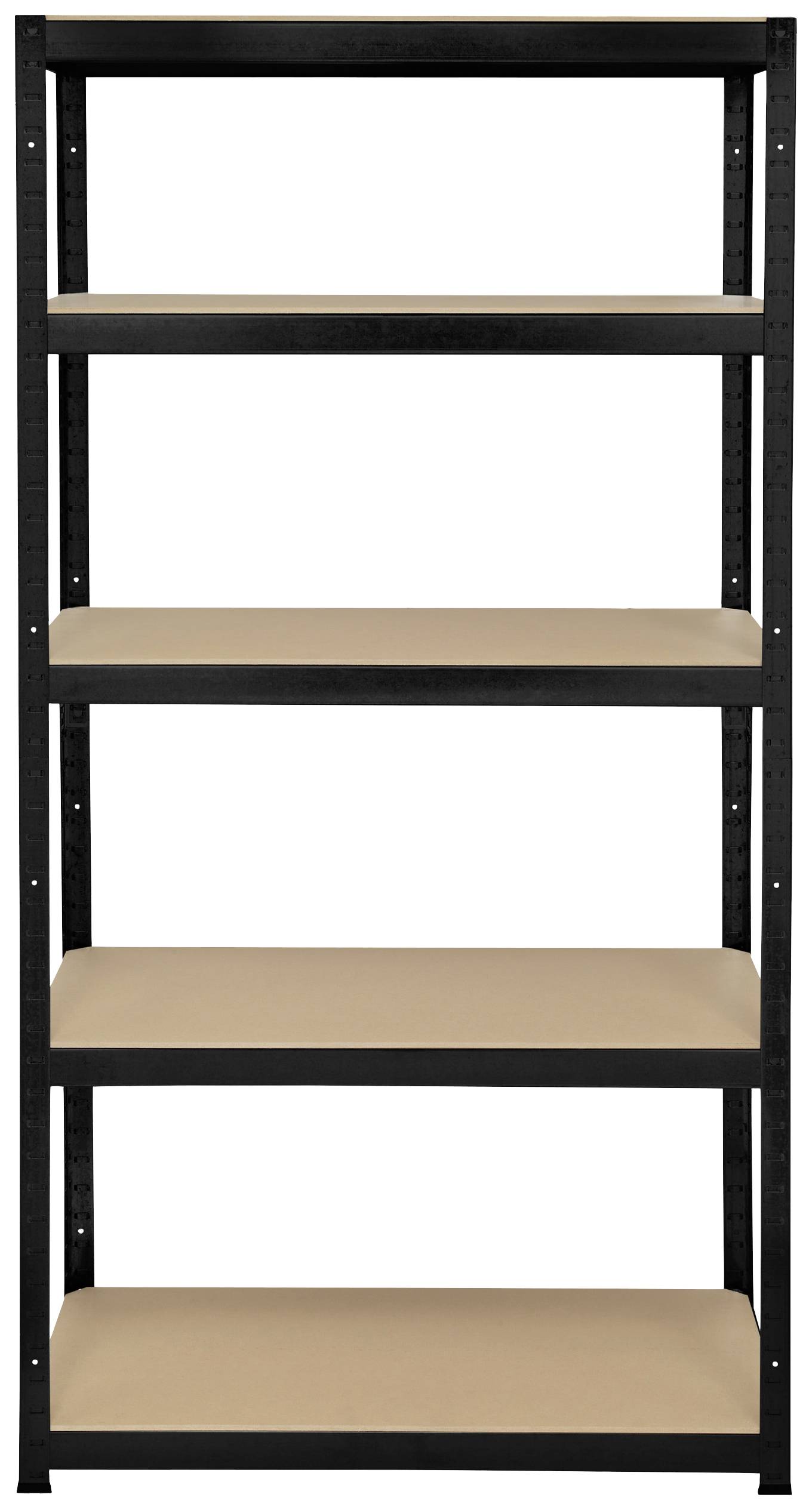 A black shelving unit with five empty shelves, suitable for storing items, stands against a white background.