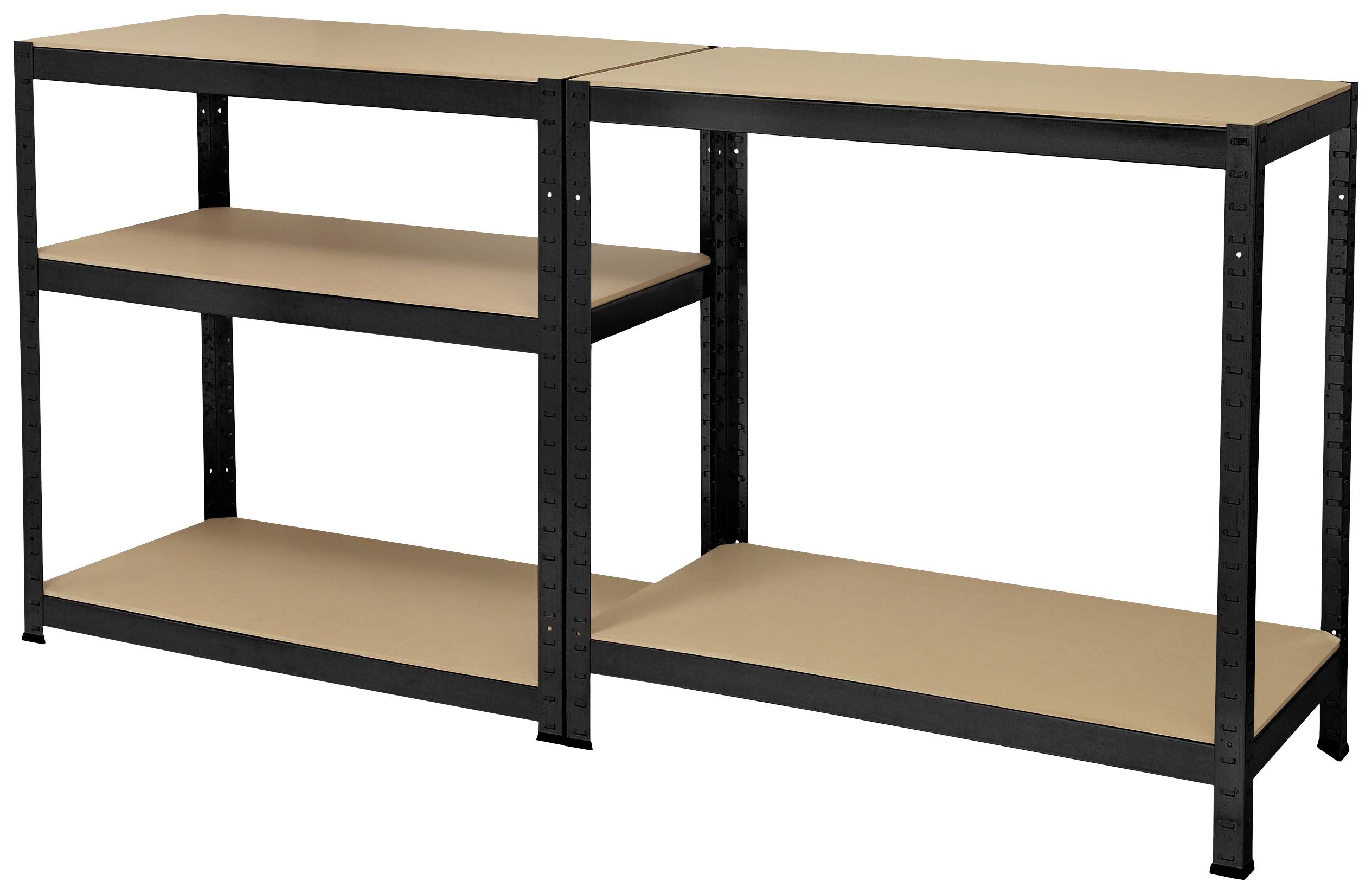 Two interconnected black metal shelving units with three wooden shelves, suitable for storage or workshop use.