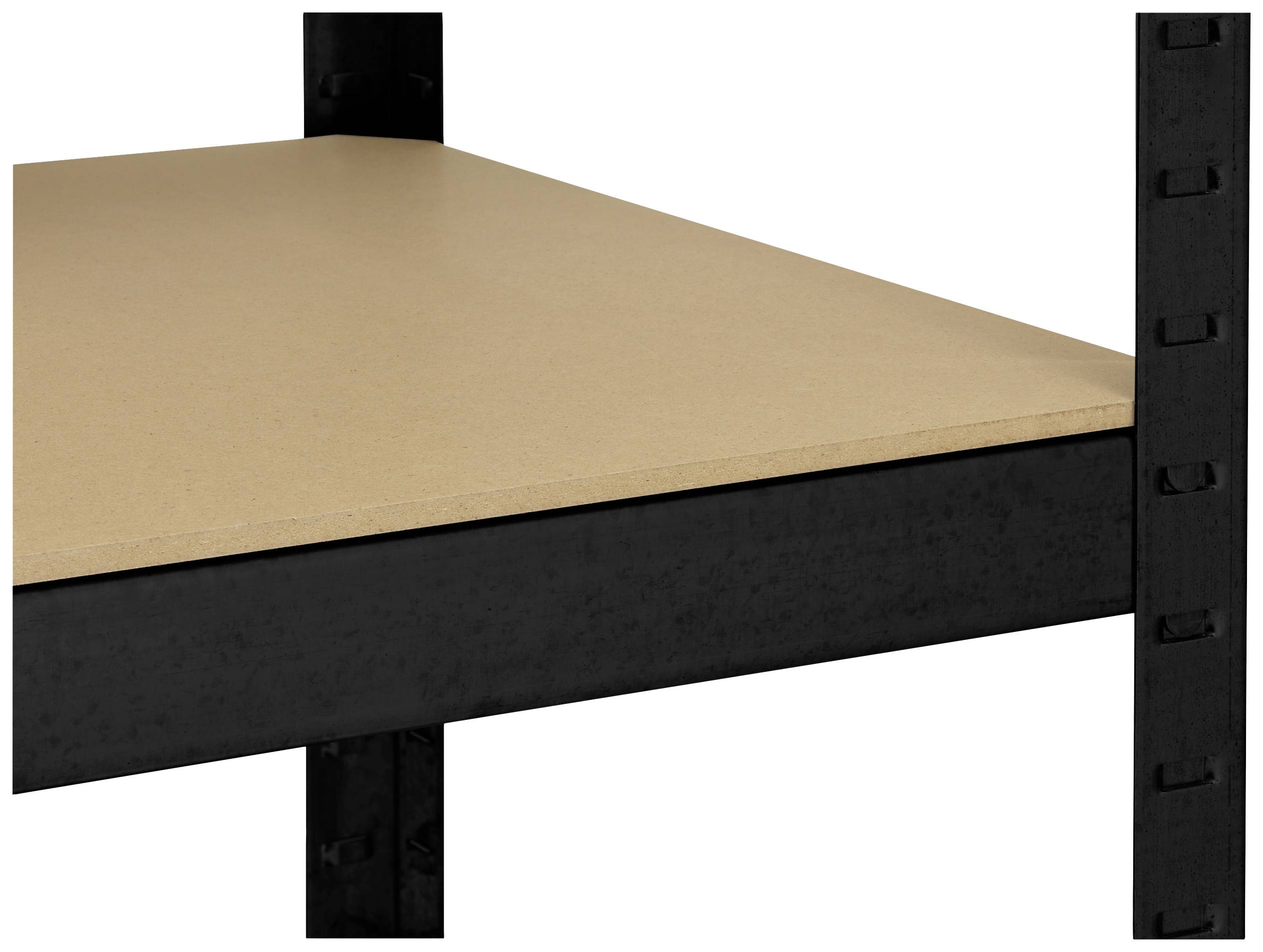 Close-up of an empty, sturdy shelf compartment with a black metal frame and brown wooden surface.