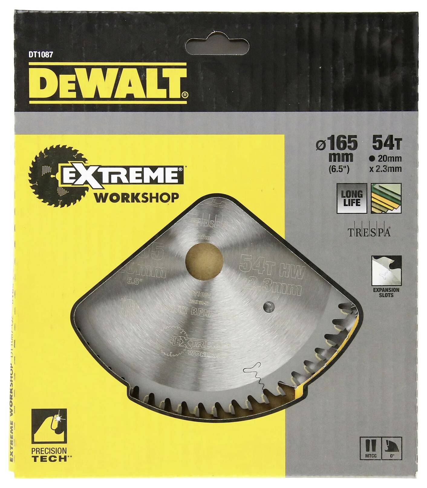 DeWalt circular saw blade, Extreme Workshop model, 165 mm diameter, 54 teeth, suitable for Trepsa materials, long-lasting.
