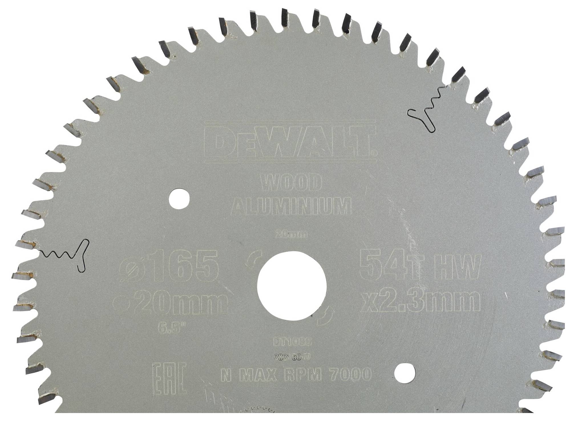 Circular saw blade with inscription 'DEWALT WOOD ALUMINIUM ø165 x 20mm 54T HW x 2.3mm, N MAX RPM 7000'. Ideal for wood and aluminium.