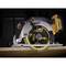 A circular handheld circular saw by Dewalt, positioned on a wooden beam. The saw displays details of the model and tension.