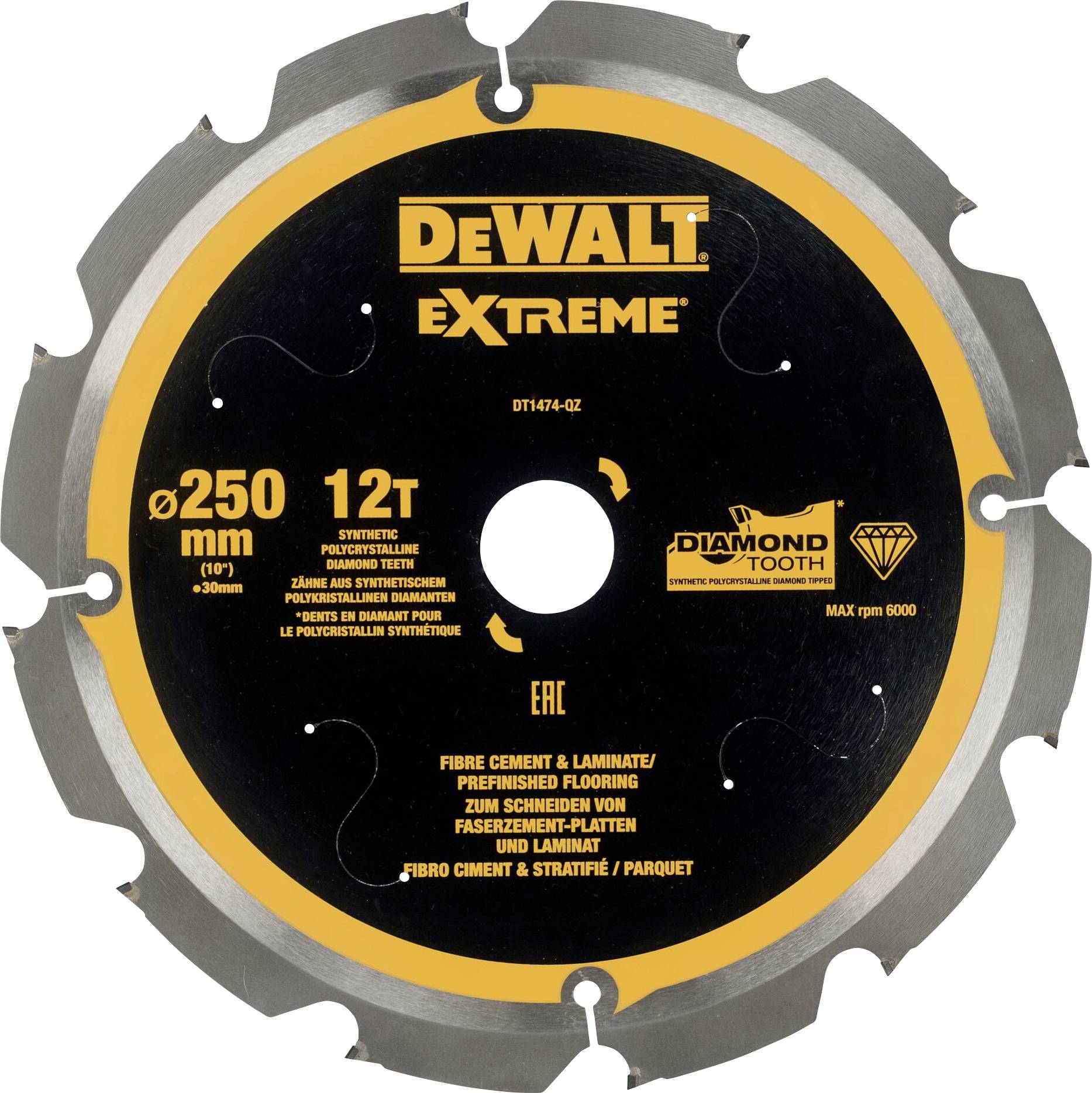 A round saw blade marked 'DEWALT EXTREME', suitable for cutting fibre cement, laminate and pre-finished floors, diameter 250 mm, 12 teeth.