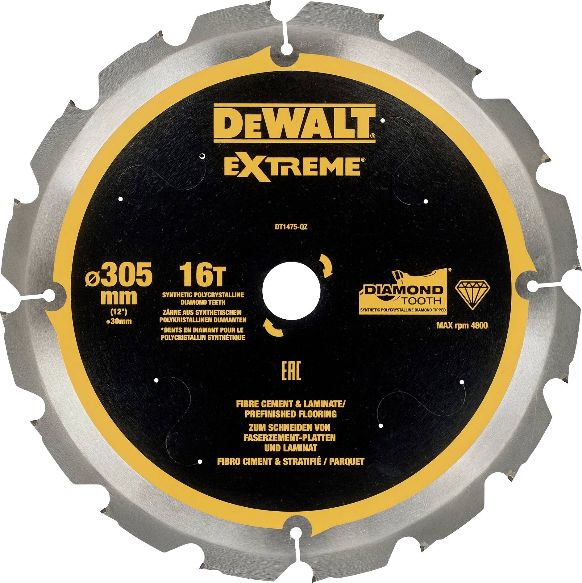'DeWalt Extreme' saw blade, 305 mm diameter, 16 teeth, suitable for fibre cement and laminate.