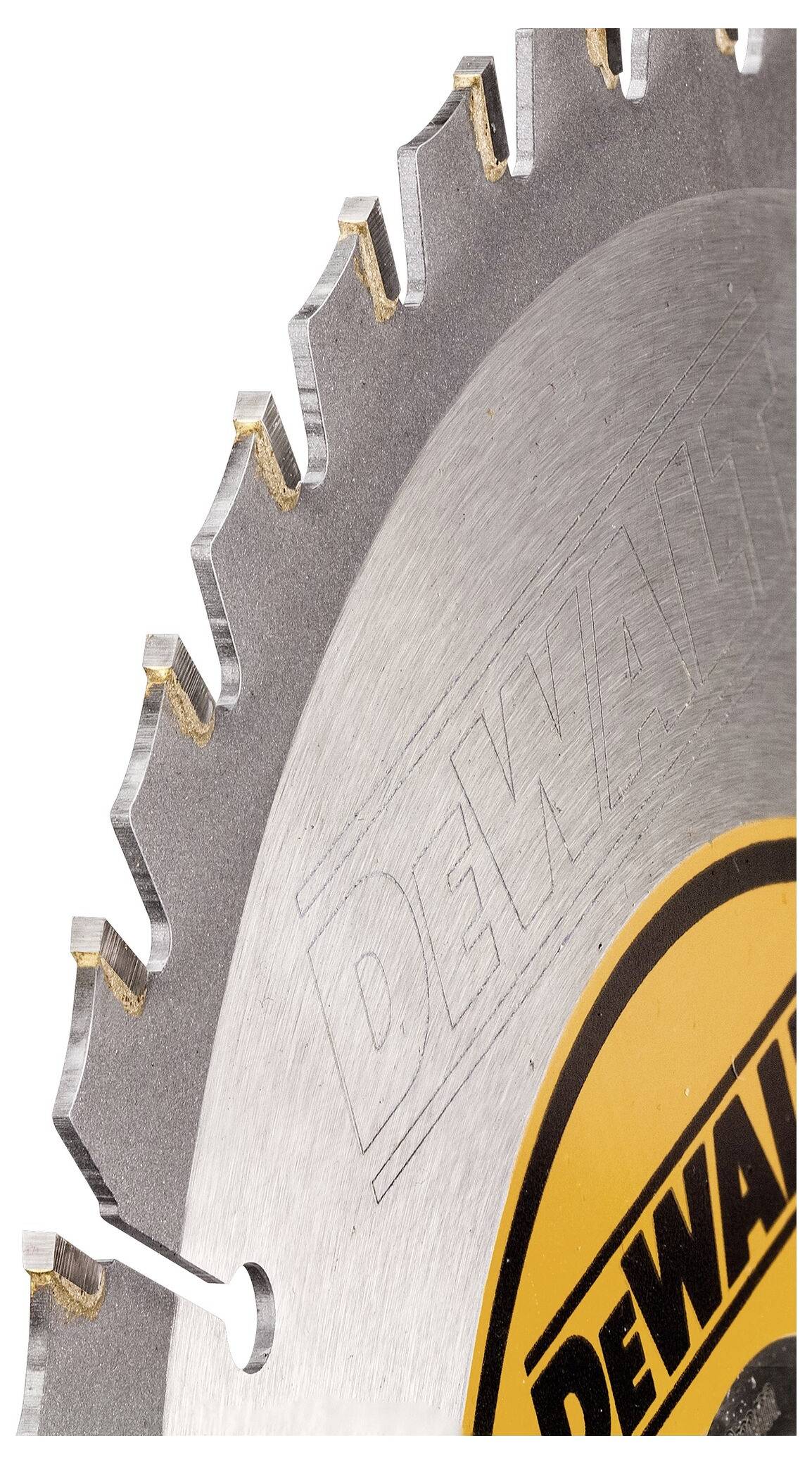 'Saw blade with DeWalt logo, characterised by distinctive teeth and smooth blade, suitable for woodworking.'