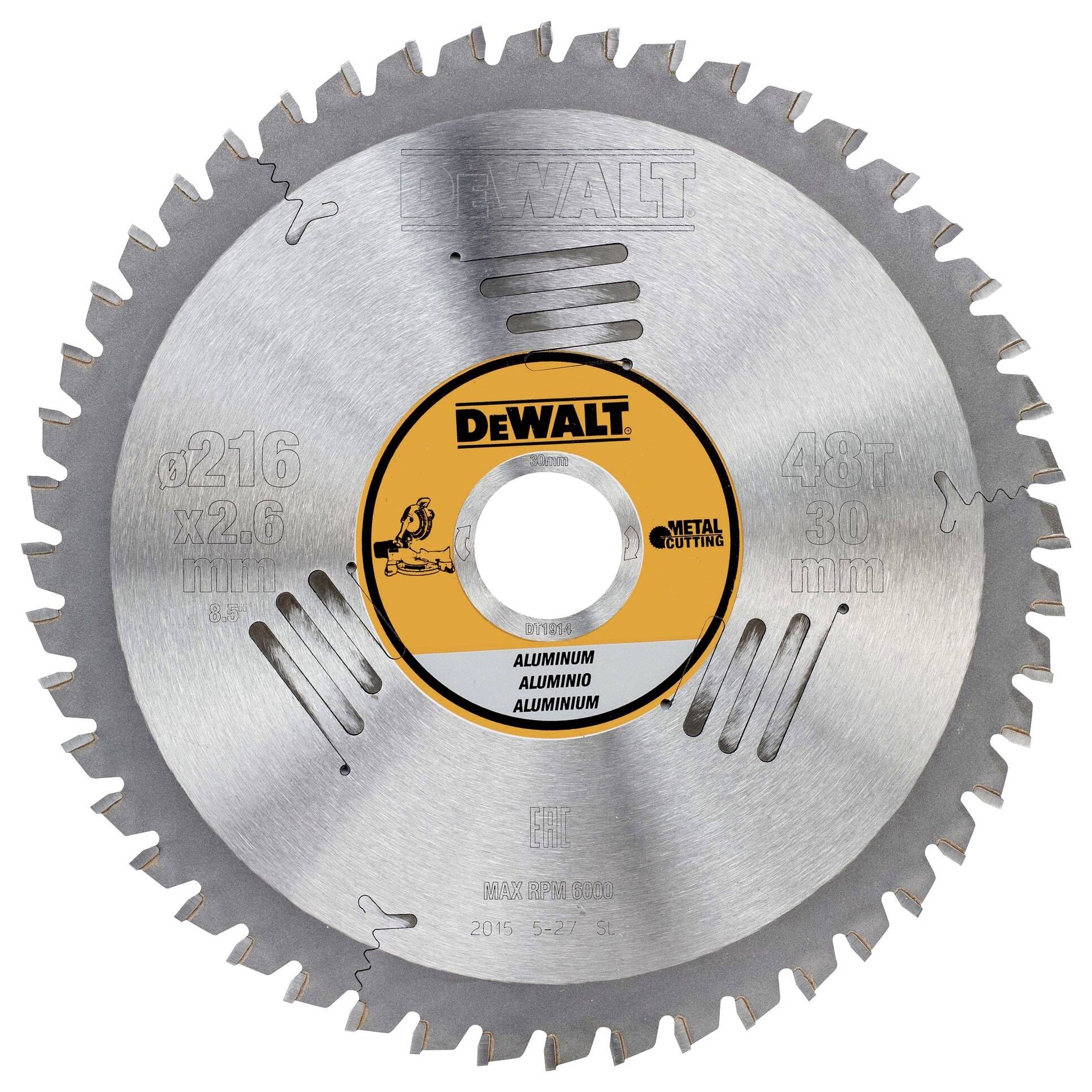 Circular saw blade for metal cutting. Labelled with 'DEWALT', diameter 216 mm, 48 teeth. Suitable for aluminium.