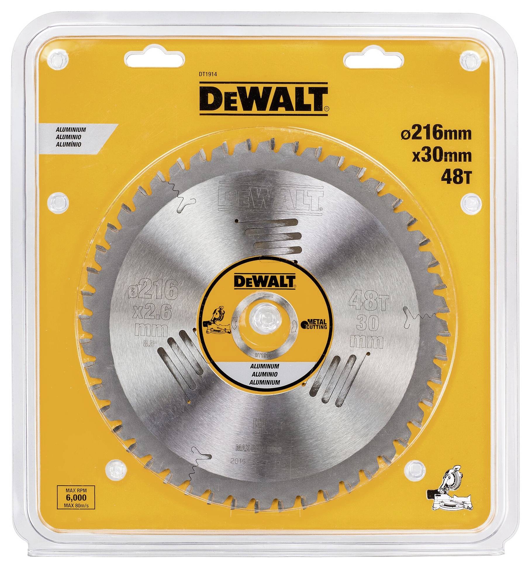'DEWALT' Circular Saw Blade in Packaging, 216mm Diameter, 48 Teeth, Suitable for Aluminium.