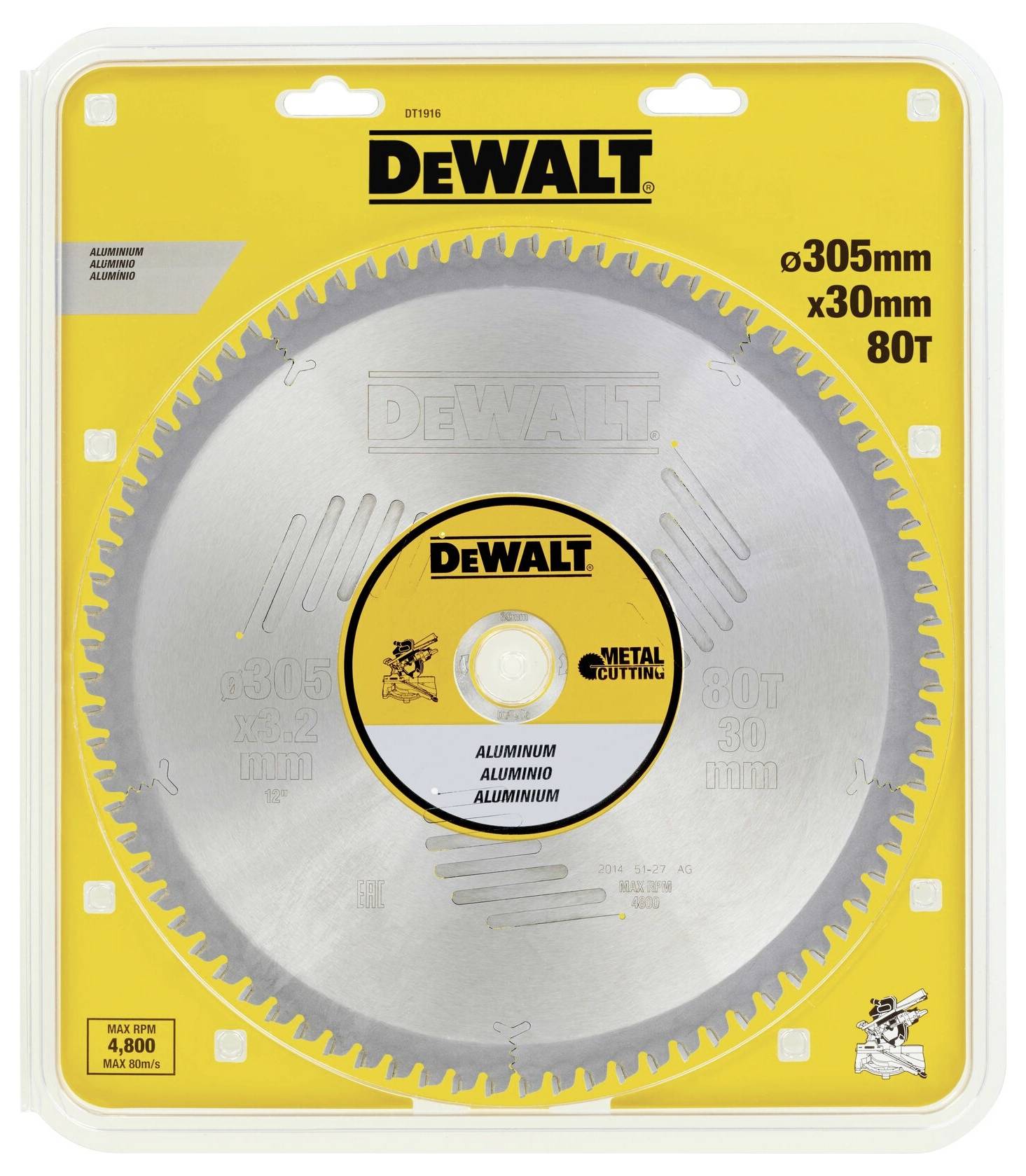 Round saw blade by DeWalt, 305mm diameter, 80 teeth. Suitable for aluminium. Packaged in yellow cardboard sleeve.
