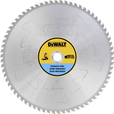 'Metal cutting saw blade, 255 mm, by DeWalt. Suitable for stainless steel. Circular design with sharp, serrated edges.'