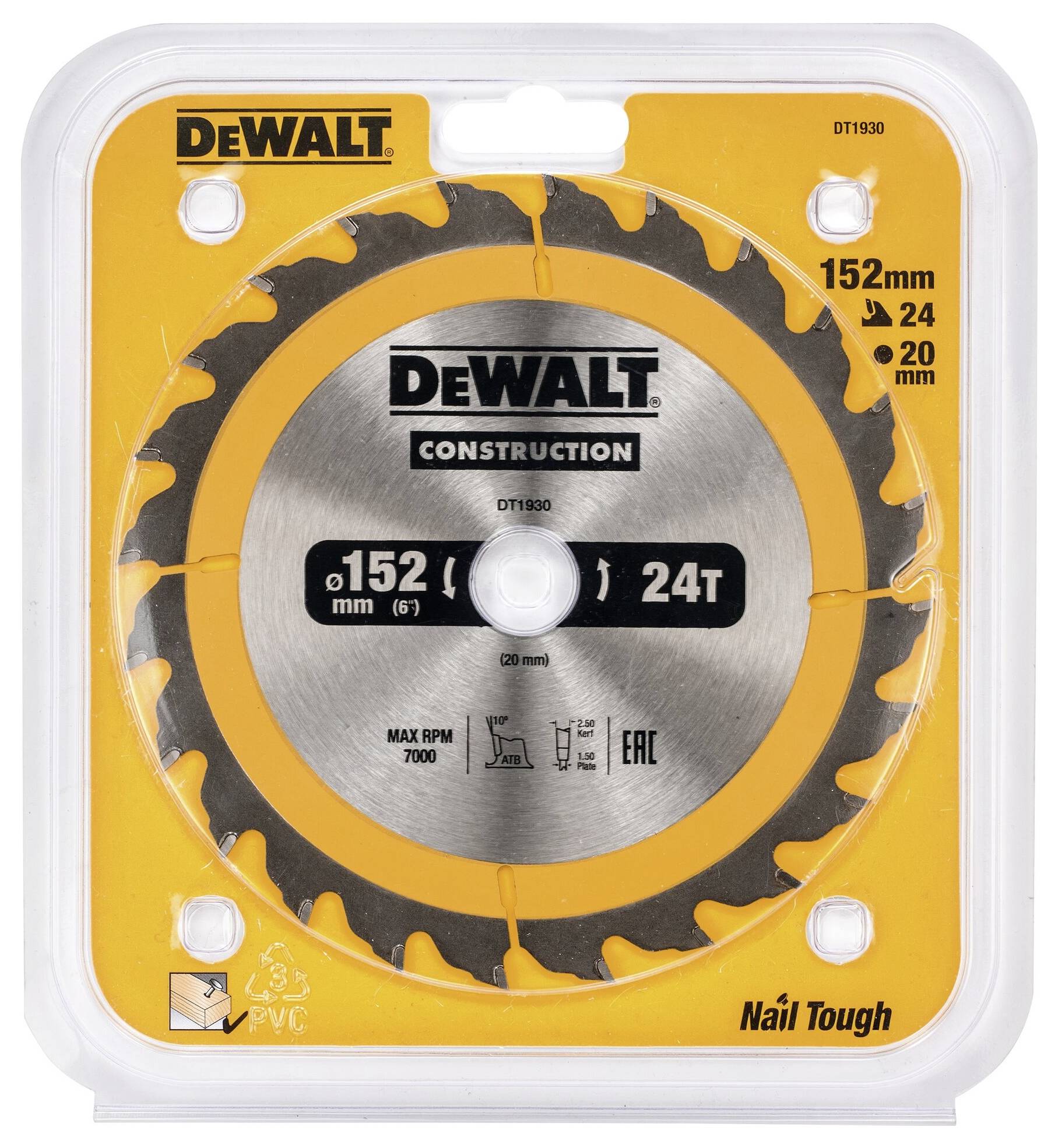 Circular saw blade in original packaging, brand 'DeWalt', diameter 152 mm, 24 teeth, suitable for construction work.