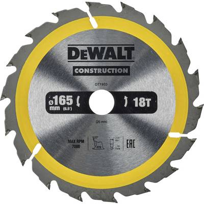 Circular saw blade with grey central section, yellow border and 'DeWalt Construction' inscription. 165 mm diameter, 18 teeth, max. 7000 rpm.