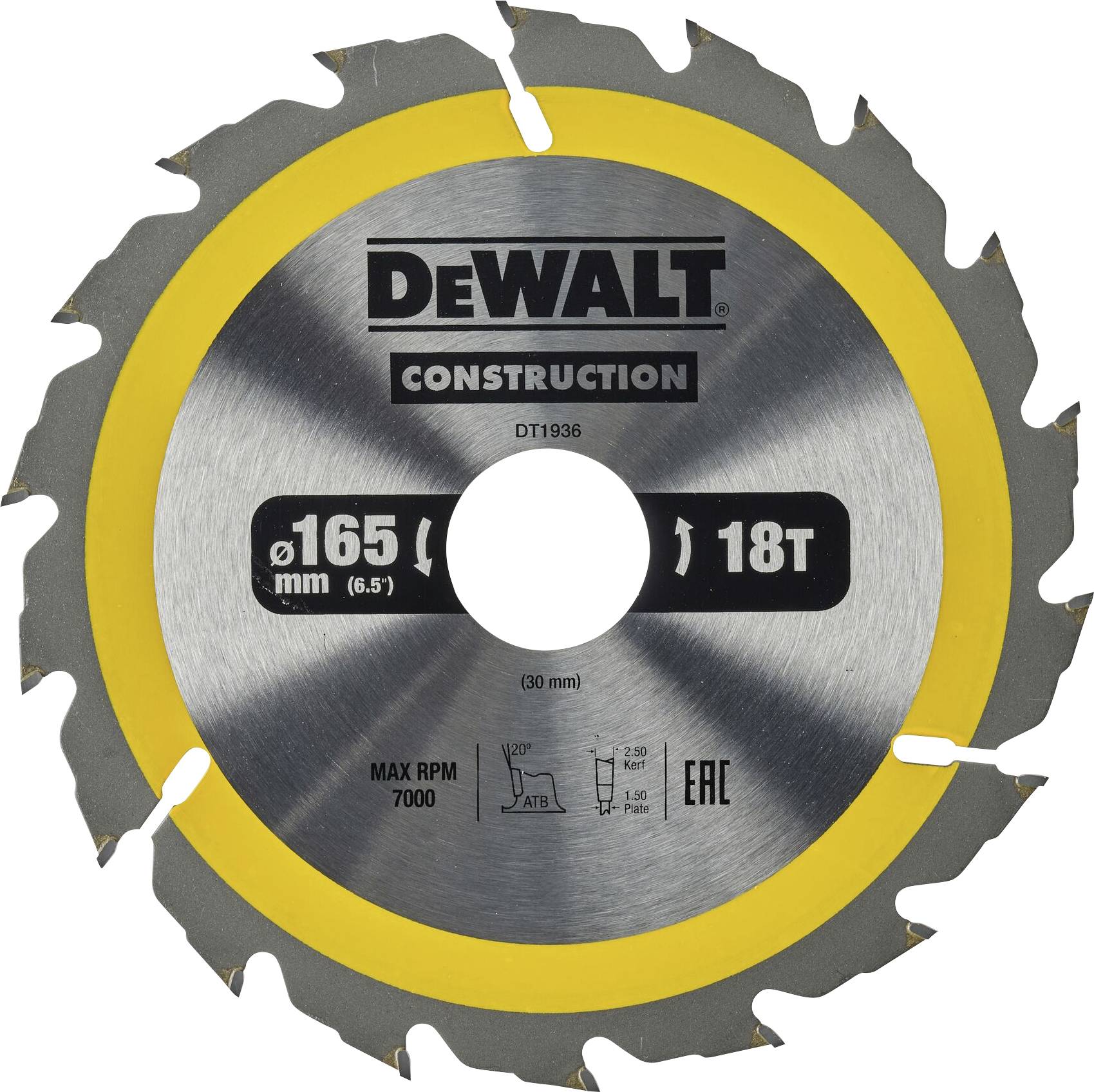 DeWALT circular saw blade for construction purposes, 165 mm diameter, 18 teeth, maximum rotation speed 7000 rpm.