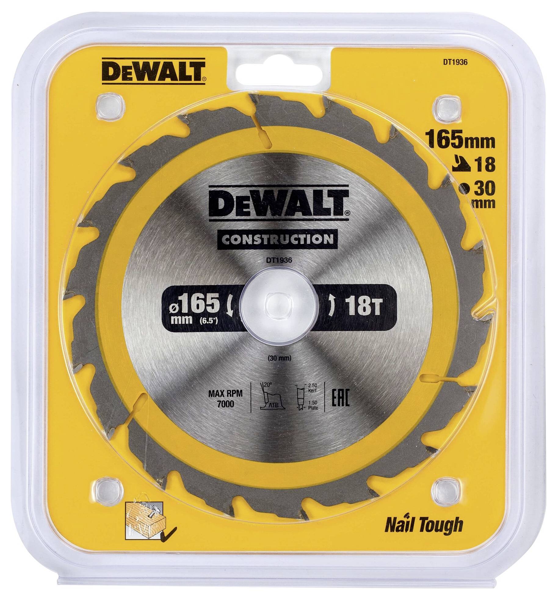 DeWalt circular saw blade packaging, suitable for wood, 165 mm diameter, 18 teeth, maximum rotation speed 7000 RPM.