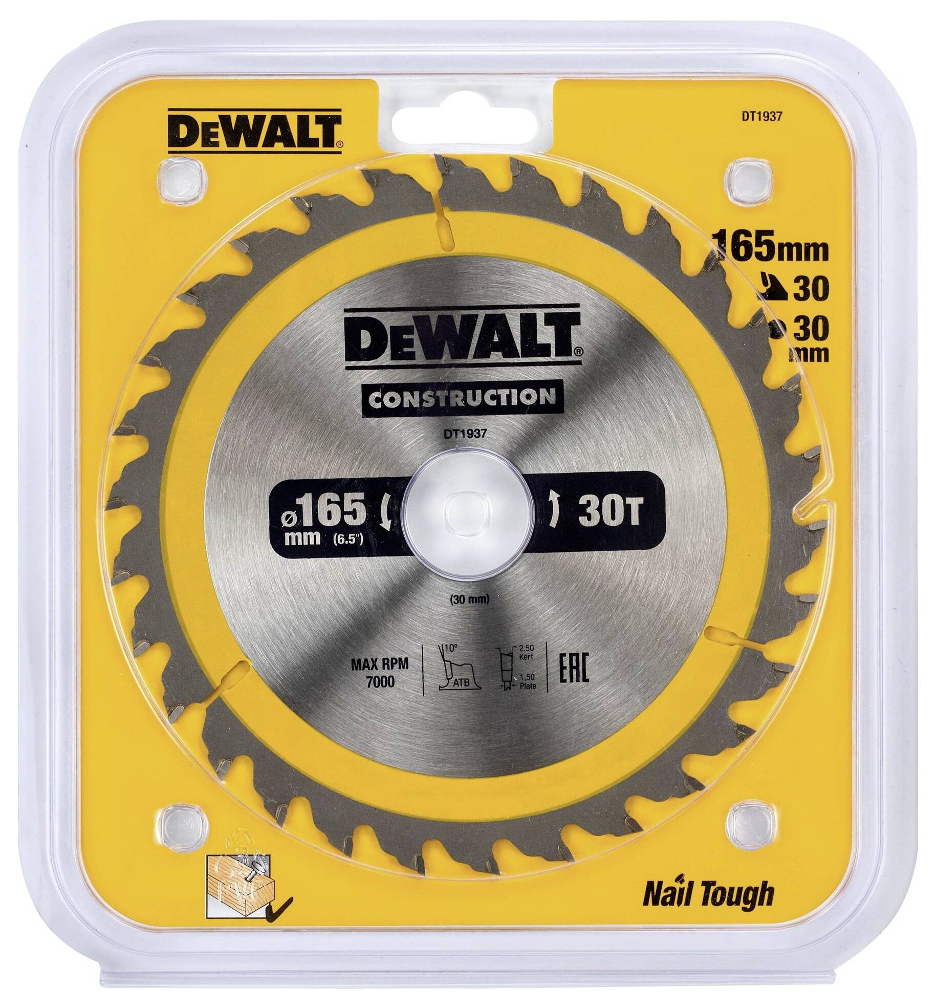 DeWALT saw blade, 'Construction', 165 mm diameter, 30 teeth, specifically designed for circular hand saws.