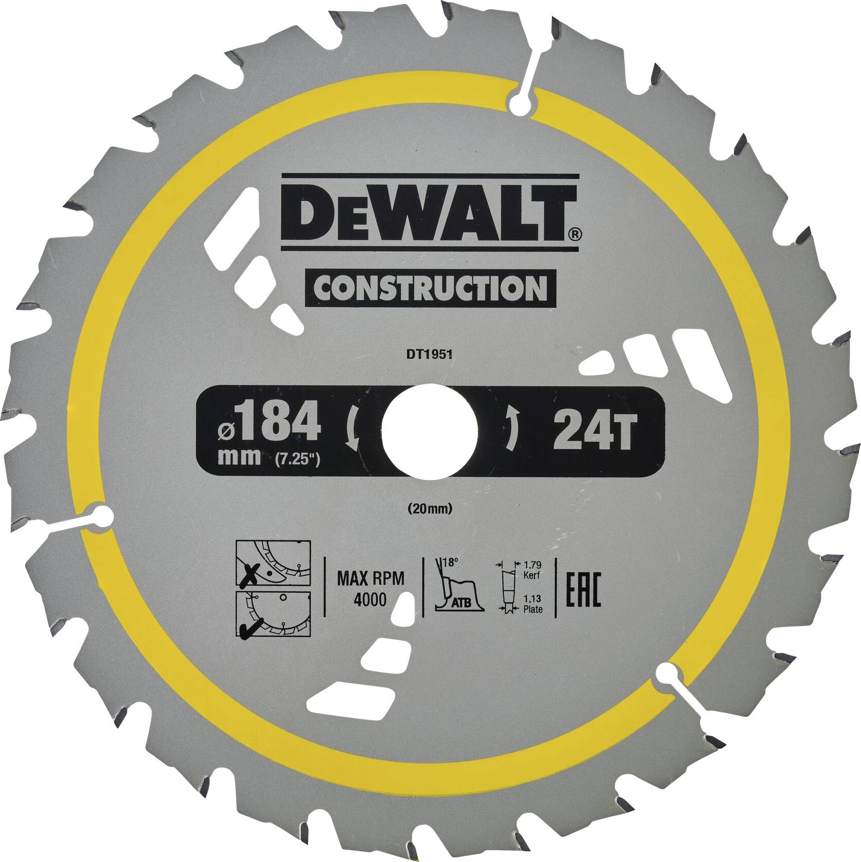 A grey circular saw blade with a yellow border, marked with 'DeWALT Construction'. Diameter 184 mm, 24 teeth, maximum rotational speed 4000.