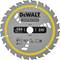 A grey circular saw blade with a yellow border, marked with 'DeWALT Construction'. Diameter 184 mm, 24 teeth, maximum rotational speed 4000.