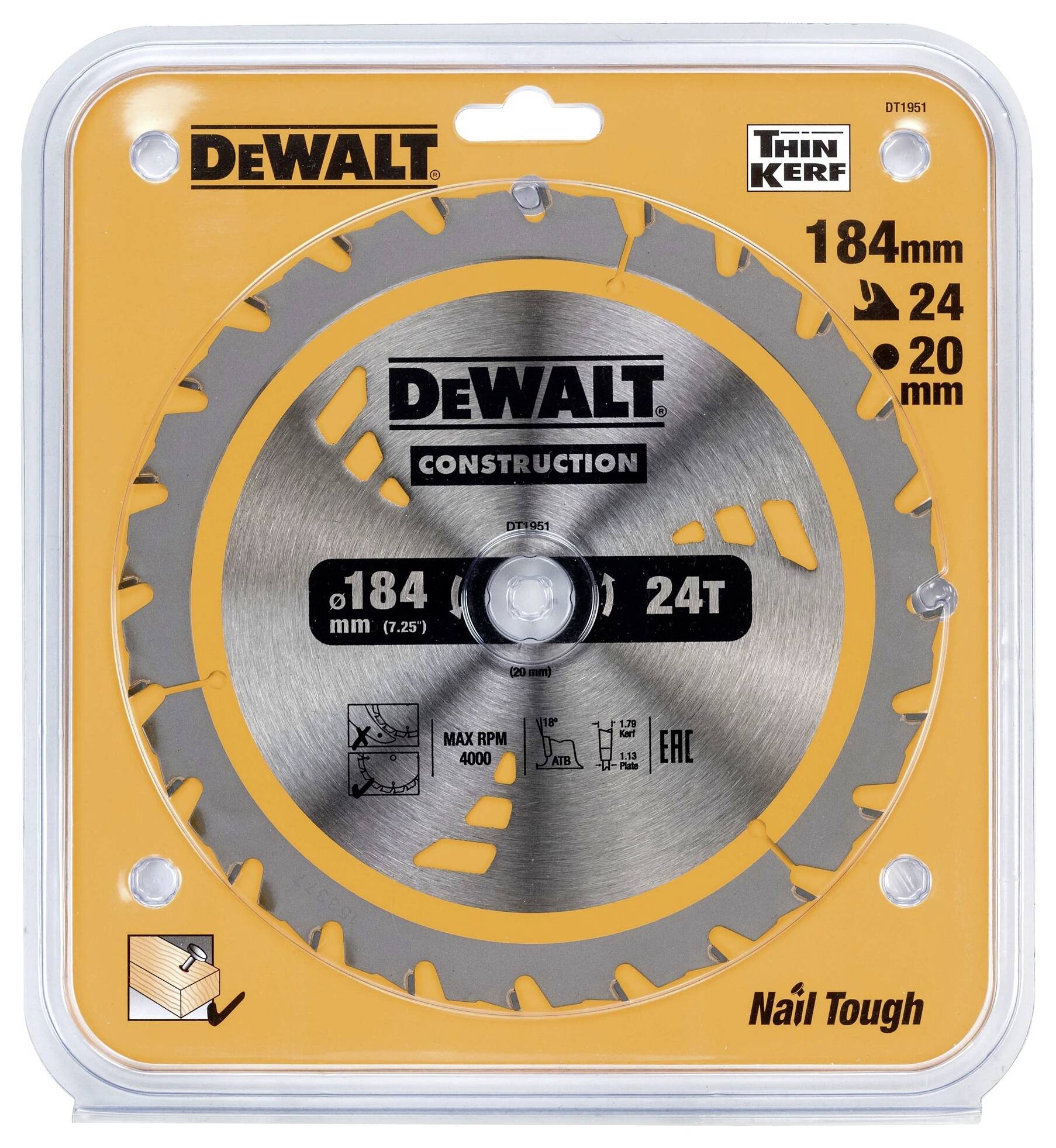 Circular saw blade packaging with yellow design. Text reads: 'DeWalt Construction', diameter 184mm, 24 teeth, bore 20mm.