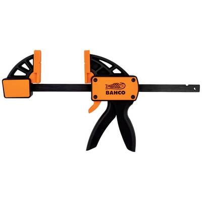 A Bahco orange and black G-clamp with an ergonomic handle and quick-release mechanism, set against a white background.