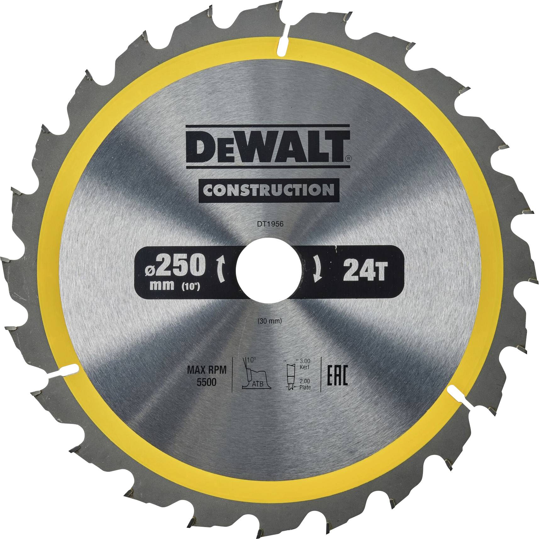 DeWalt circular saw blade, Construction model, 250 mm diameter, 24 teeth, maximum rotational speed 5,500 revolutions per minute.