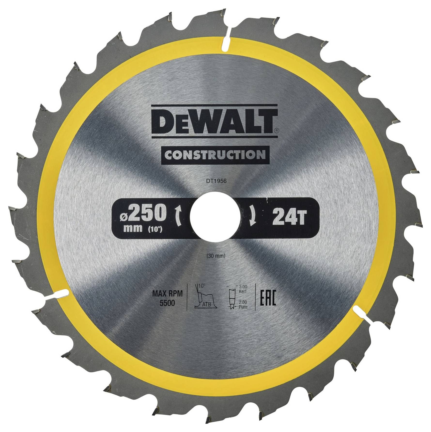 Circular saw blade with 250 mm diameter and 24 teeth, DeWalt Construction brand, suitable for 5500 rpm.